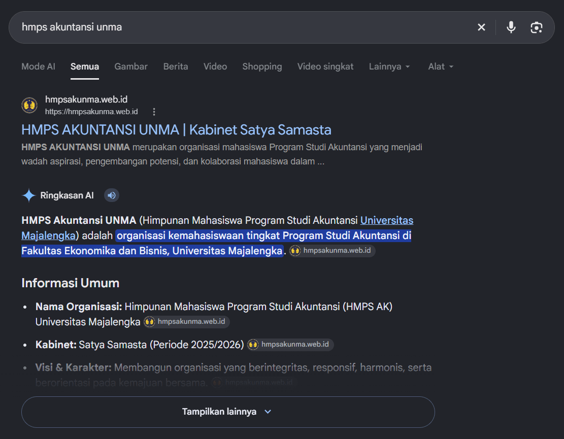 Google search results for HMPS Akuntansi UNMA, showing hmpsakunma.web.id as the first result
