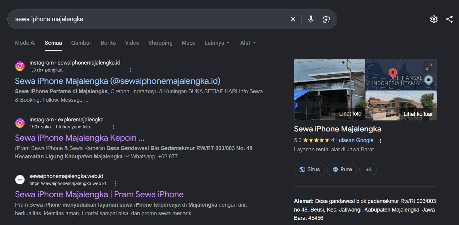 Google search results for sewa iPhone Majalengka, showing sewaiphonemajalengka.web.id on the first page