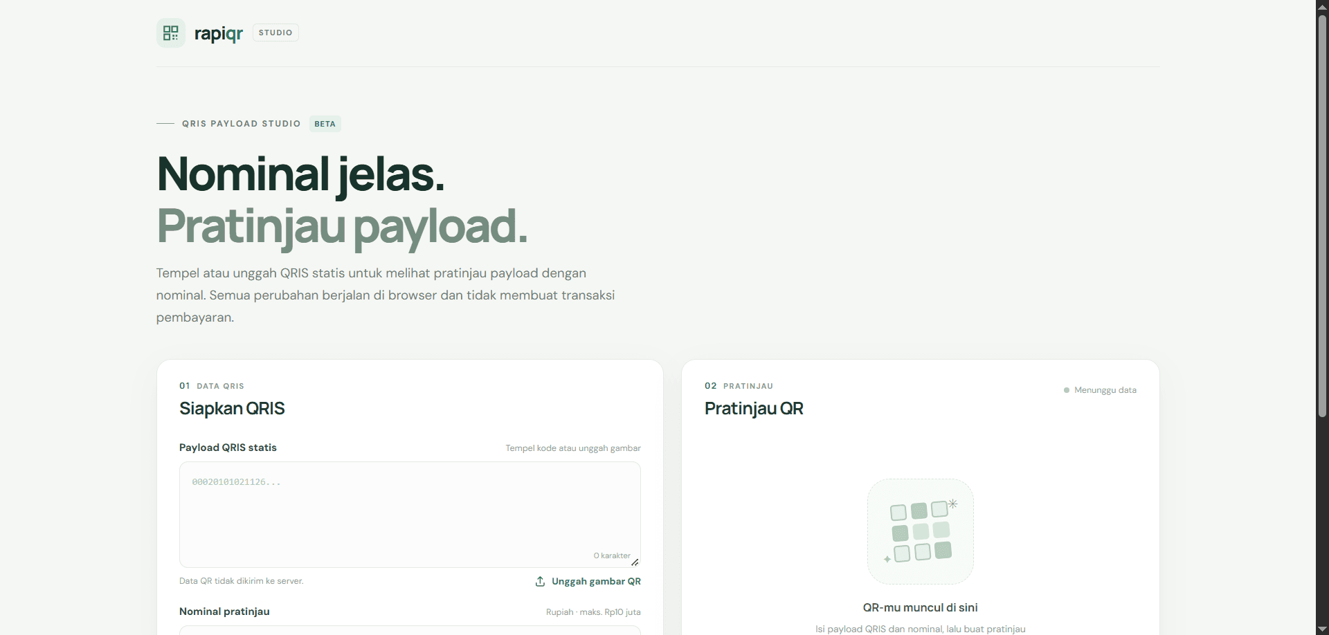 RapiQR Studio QRIS Payload Studio screen for previewing a nominal amount