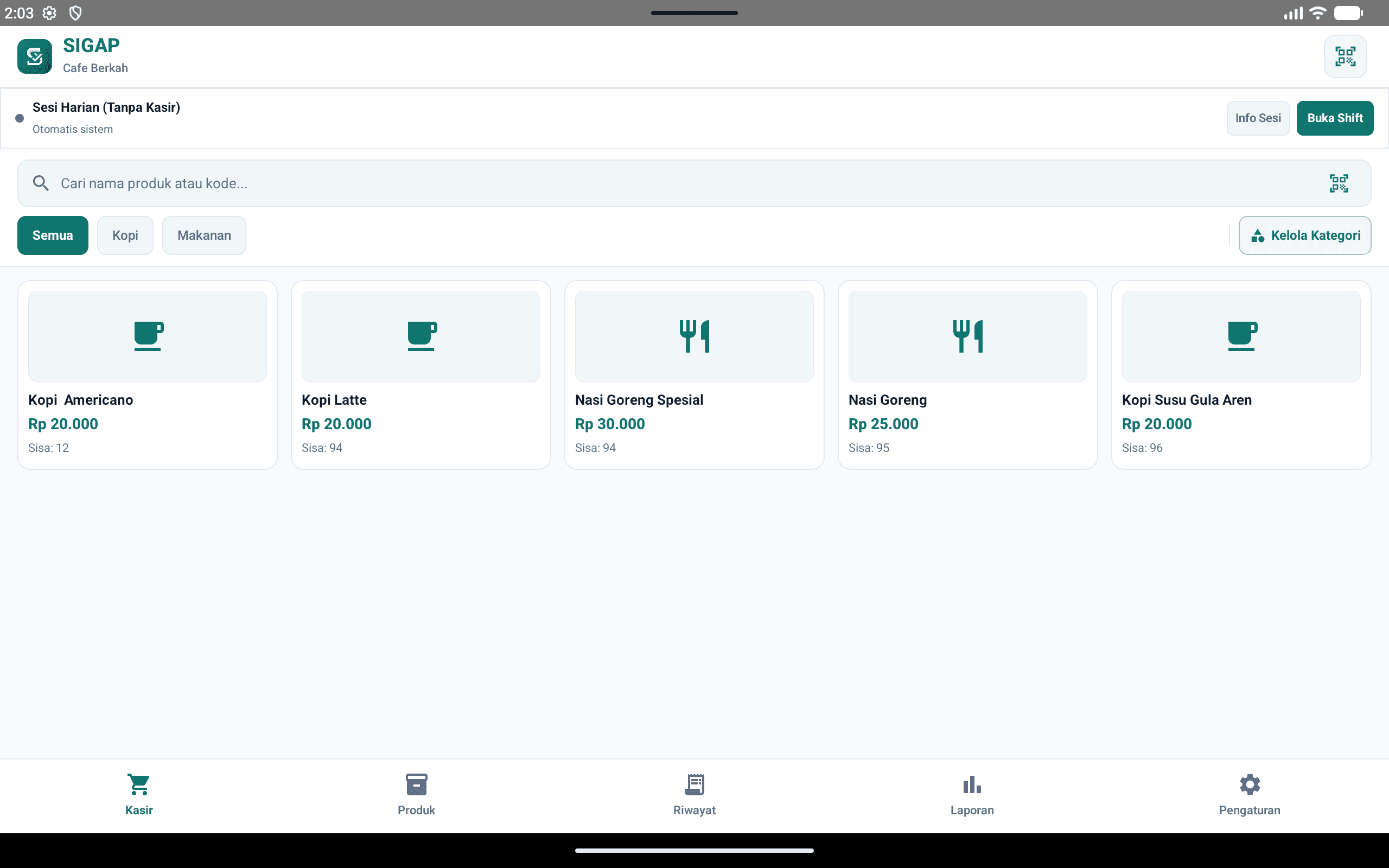 SIGAP POS cashier screen with product catalog and checkout controls